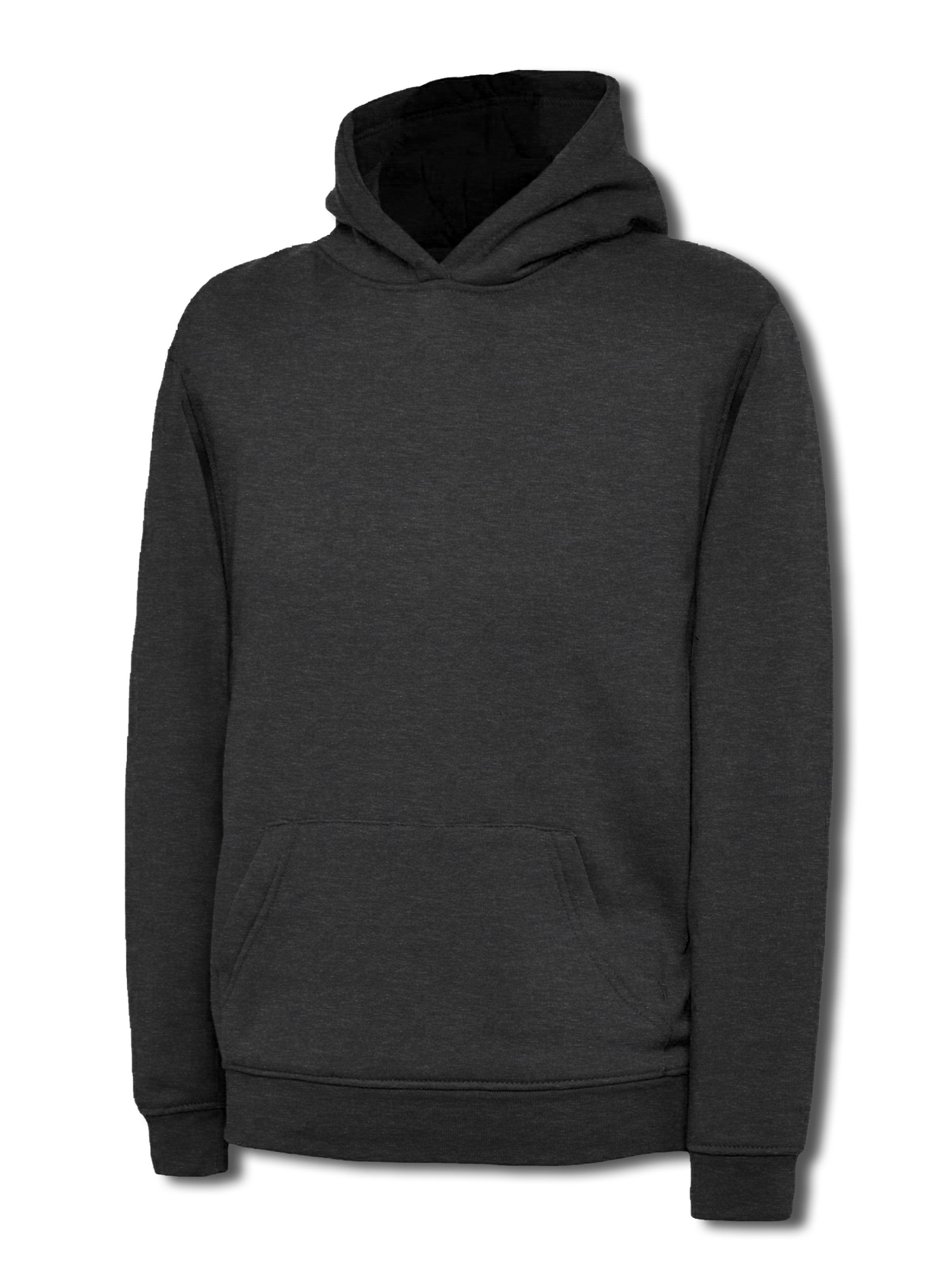 Charcoal grey hoodie with a classic fit, featuring a drawstring-free hood and a front kangaroo pocket.