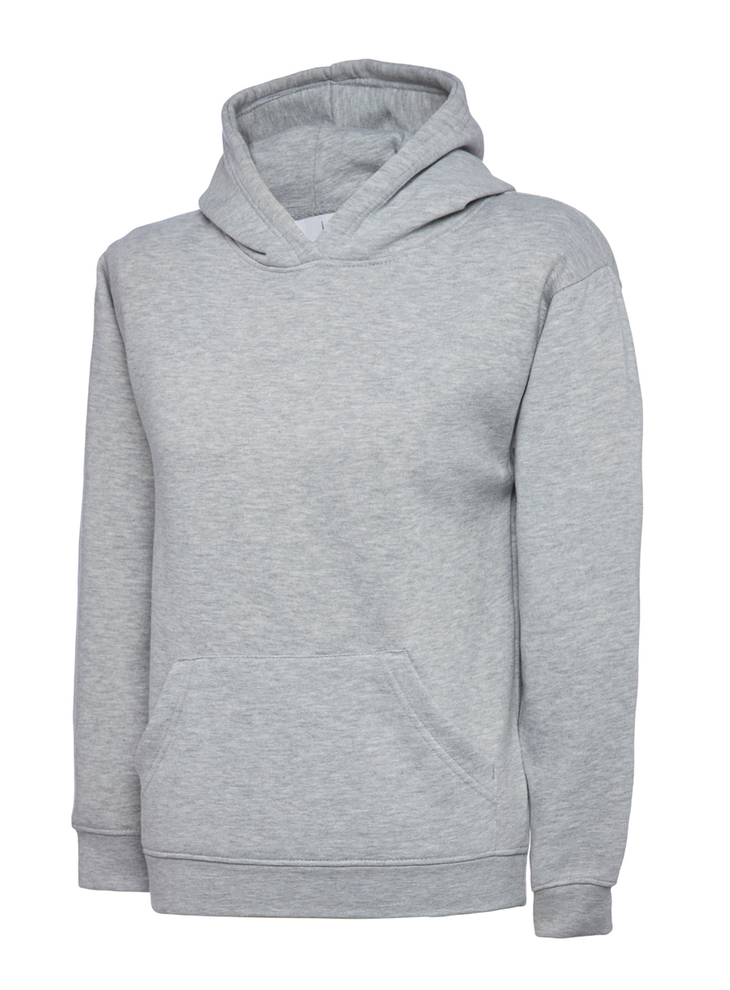 Light gray long-sleeve hooded sweatshirt with a front kangaroo pocket, ribbed cuffs, and a relaxed fit.
