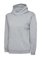 Light gray long-sleeve hooded sweatshirt with a front kangaroo pocket, ribbed cuffs, and a relaxed fit.