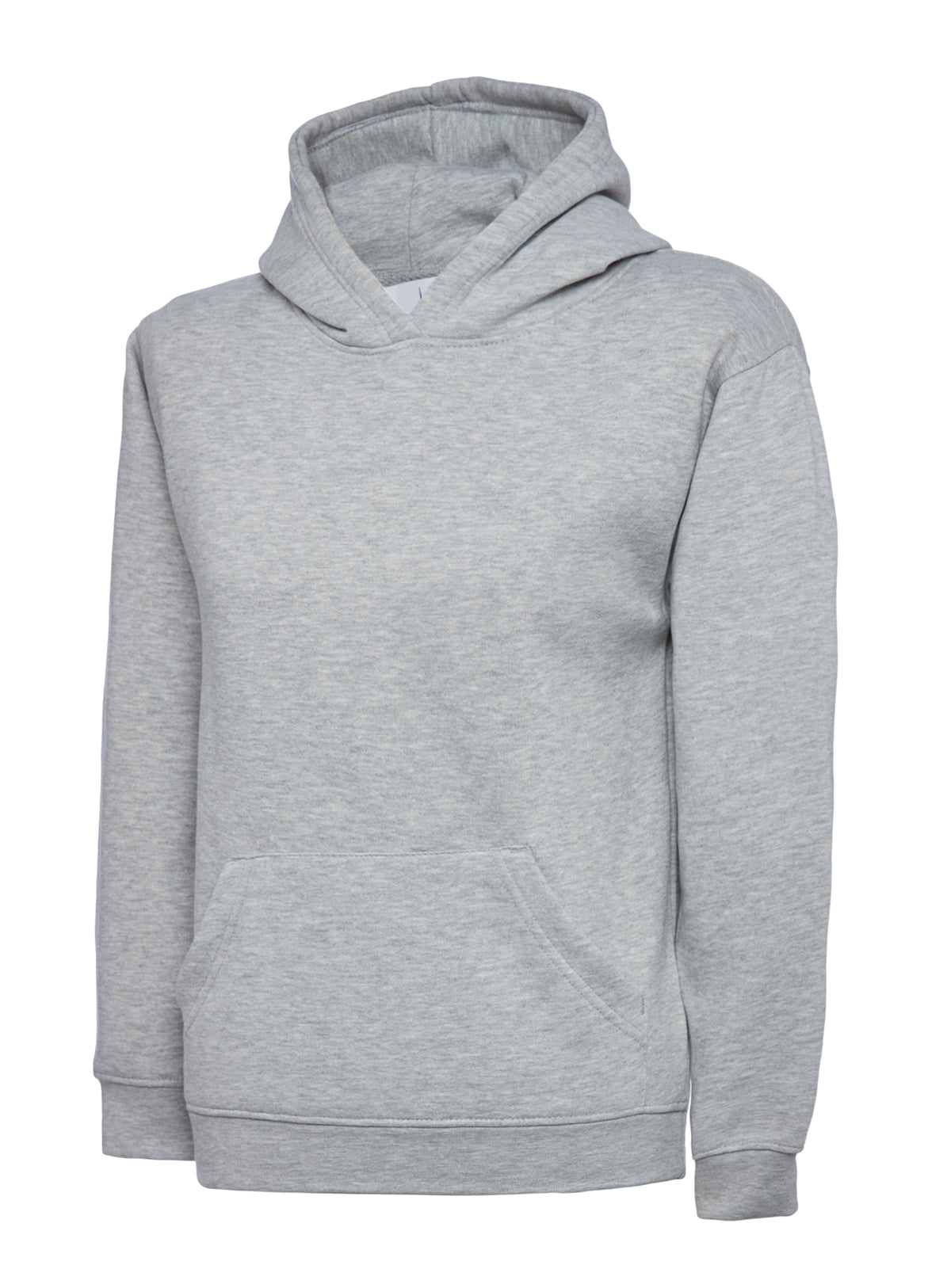 Light gray long-sleeve hooded sweatshirt with a front kangaroo pocket, ribbed cuffs, and a relaxed fit.