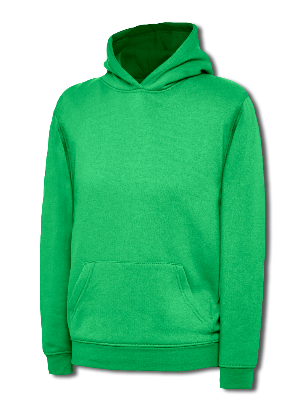 Bright green pullover hoodie with a hood, front kangaroo pocket, long sleeves, and ribbed cuffs. Regular fit.