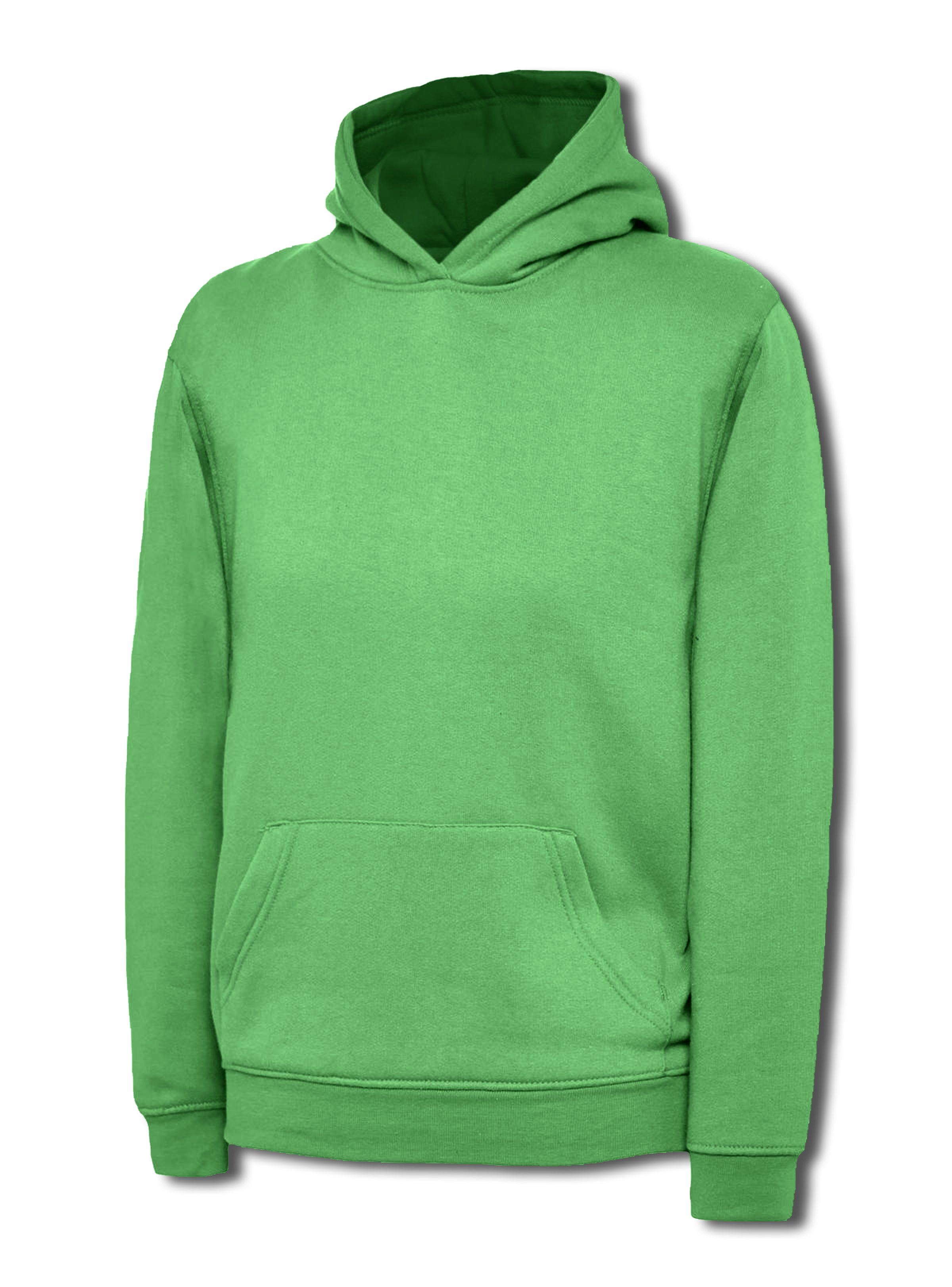 Bright green pullover hoodie with a hood, front kangaroo pocket, long sleeves, and ribbed cuffs. Regular fit.
