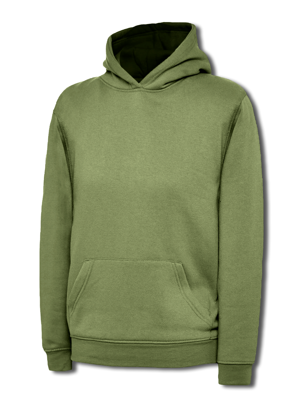 Olive green pullover hoodie with a hood, kangaroo front pocket, long sleeves, and ribbed cuffs and hem. Relaxed fit.