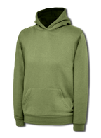 Olive green pullover hoodie with a hood, kangaroo front pocket, long sleeves, and ribbed cuffs and hem. Relaxed fit.
