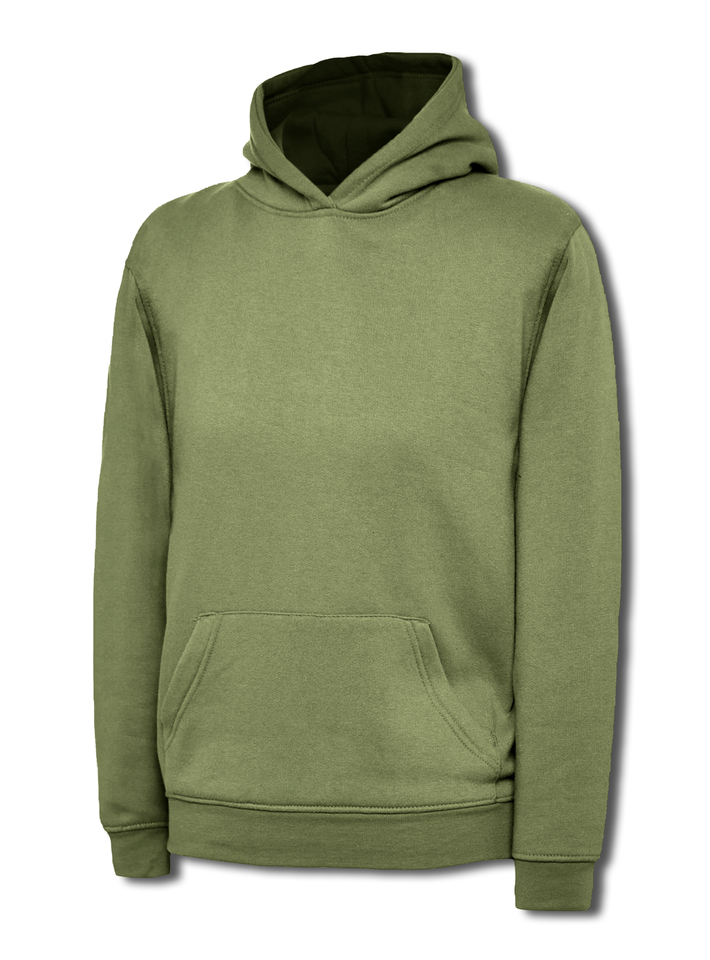 Olive green pullover hoodie with a hood, kangaroo front pocket, long sleeves, and ribbed cuffs and hem. Relaxed fit.