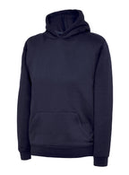 Navy blue hooded sweatshirt in a regular fit, featuring a front pouch pocket, long sleeves, and ribbed cuffs.