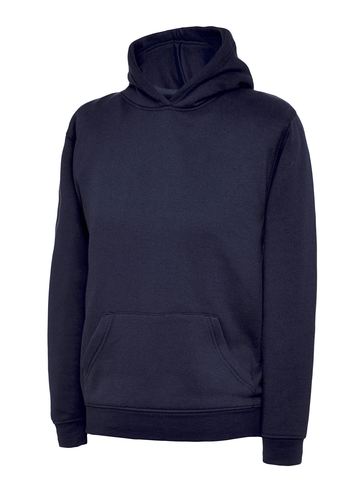 Navy blue hooded sweatshirt in a regular fit, featuring a front pouch pocket, long sleeves, and ribbed cuffs.