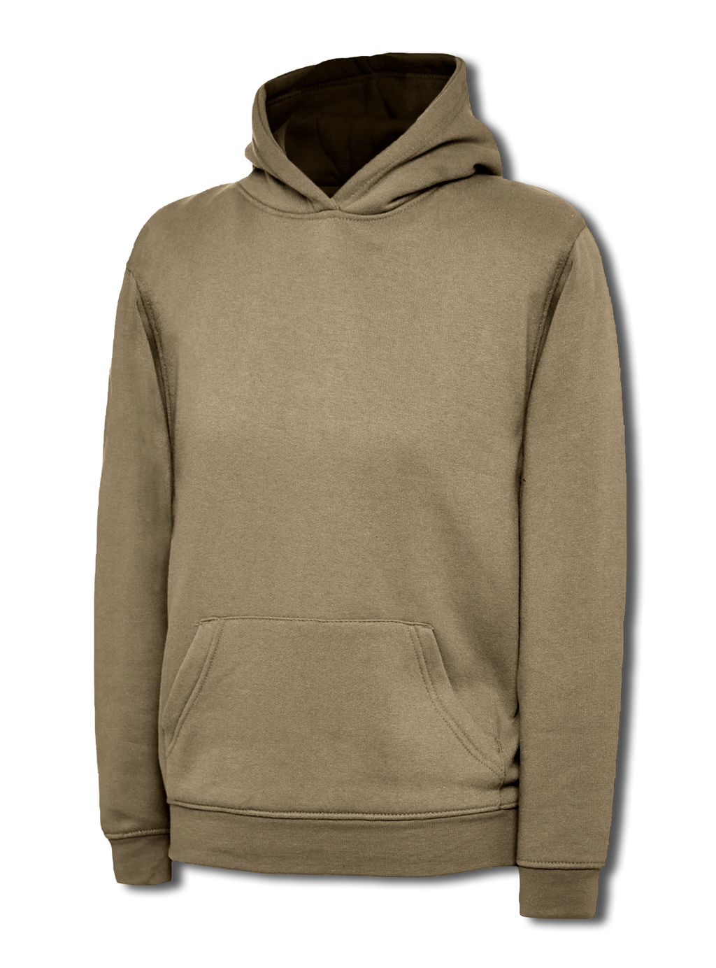 Olive green long-sleeve pullover hoodie with a front kangaroo pocket, standard fit, and ribbed cuffs and hem.