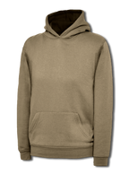 Olive green long-sleeve pullover hoodie with a front kangaroo pocket, standard fit, and ribbed cuffs and hem.