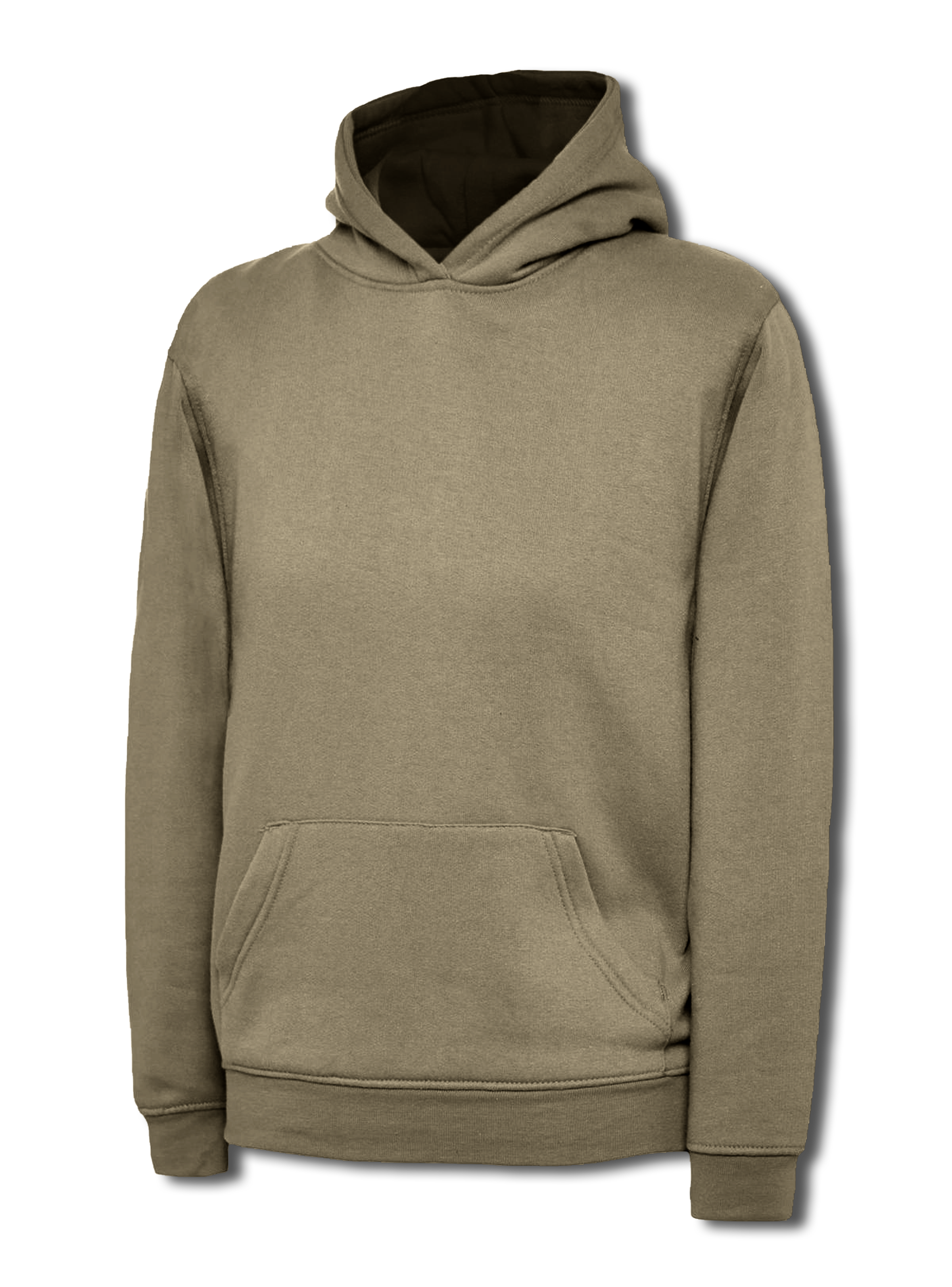 Olive green long-sleeve pullover hoodie with a front kangaroo pocket, standard fit, and ribbed cuffs and hem.