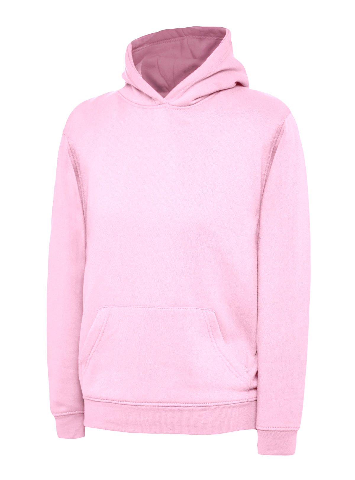 Light pink pullover hoodie with long sleeves, a front kangaroo pocket, and a classic regular fit.