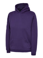 Deep purple long-sleeve hooded sweatshirt with a front kangaroo pocket and a relaxed fit.