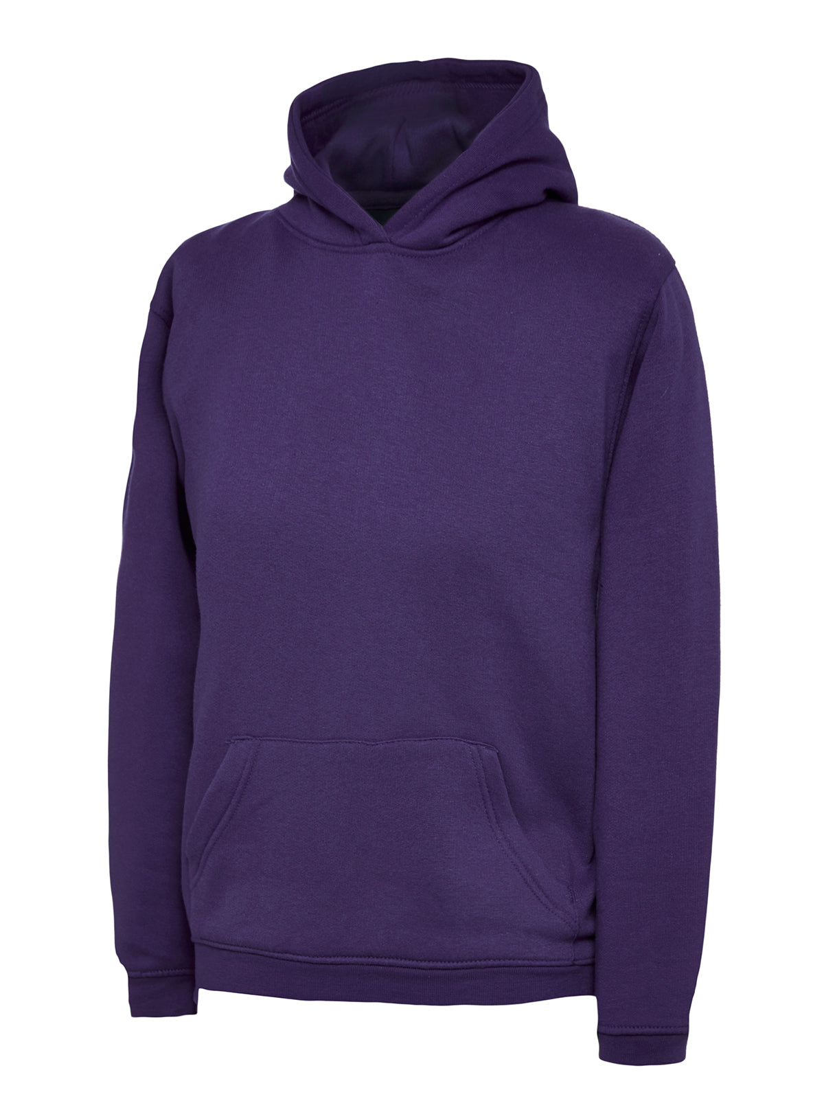 Deep purple long-sleeve hooded sweatshirt with a front kangaroo pocket and a relaxed fit.