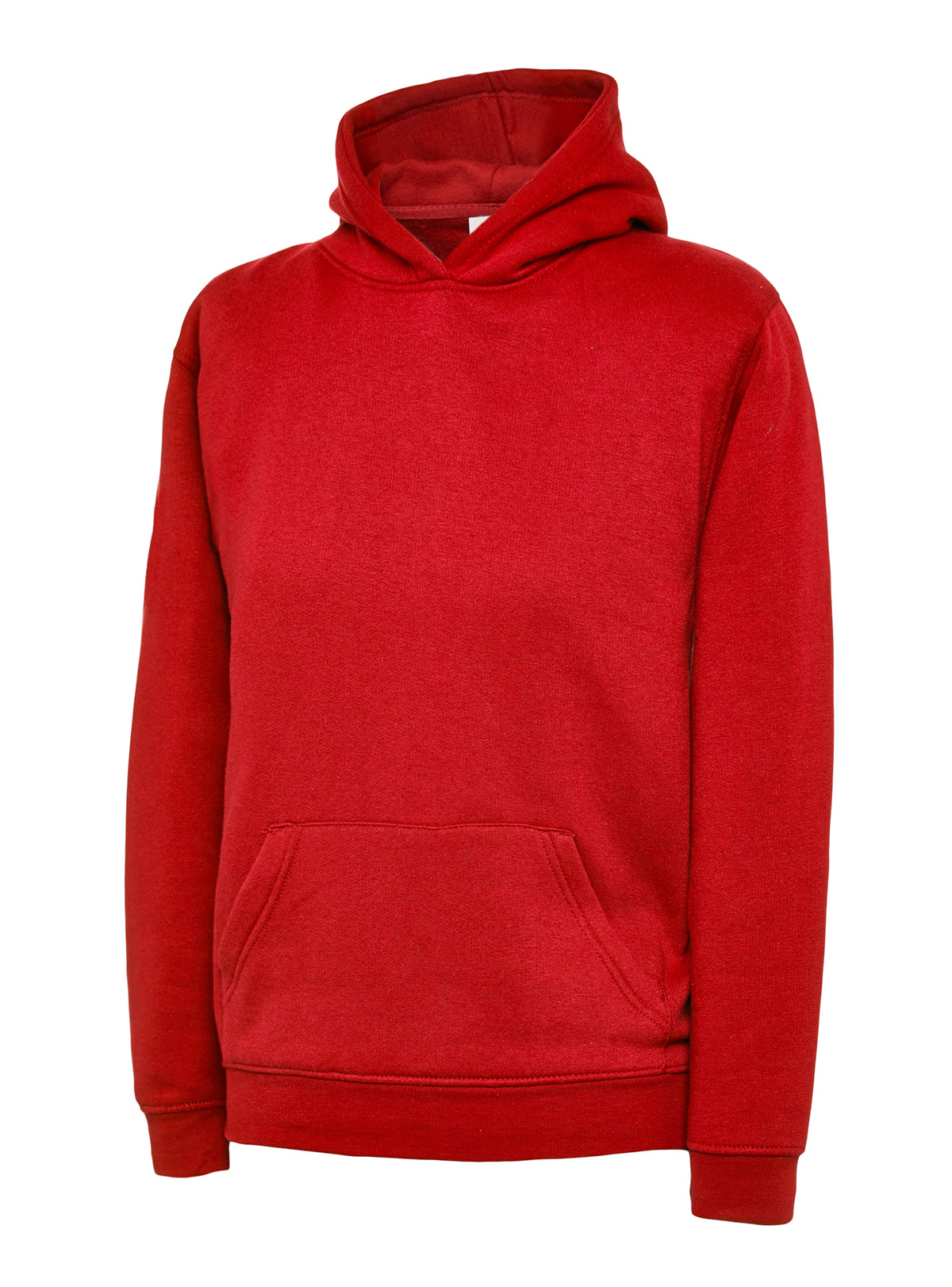 Red long-sleeve pullover hoodie with a front kangaroo pocket and a regular fit, shown on a mannequin.