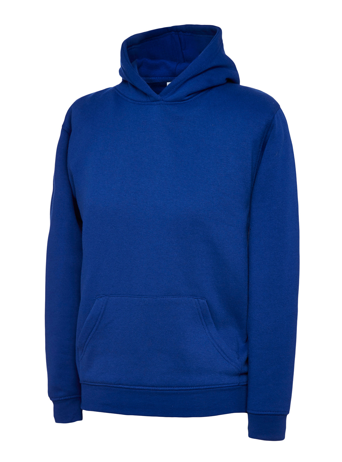 Royal blue pullover hoodie with a hood, front kangaroo pocket, and relaxed fit.