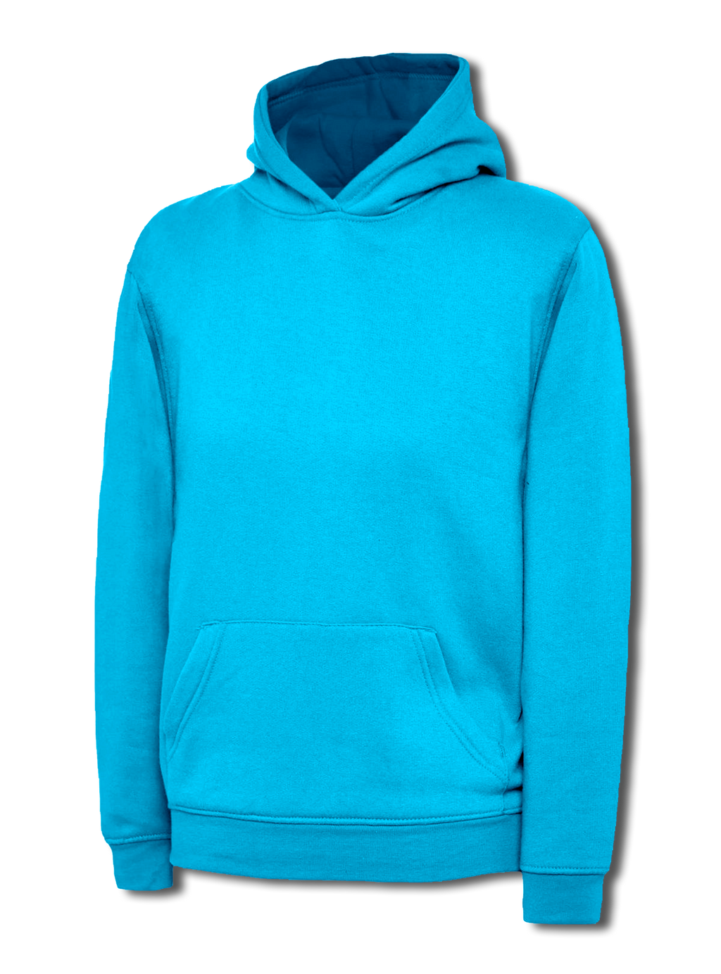Bright blue pullover hoodie with a hood, front kangaroo pocket, and rib-knit cuffs and hem. Relaxed fit.