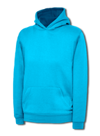 Bright blue pullover hoodie with a hood, front kangaroo pocket, and rib-knit cuffs and hem. Relaxed fit.