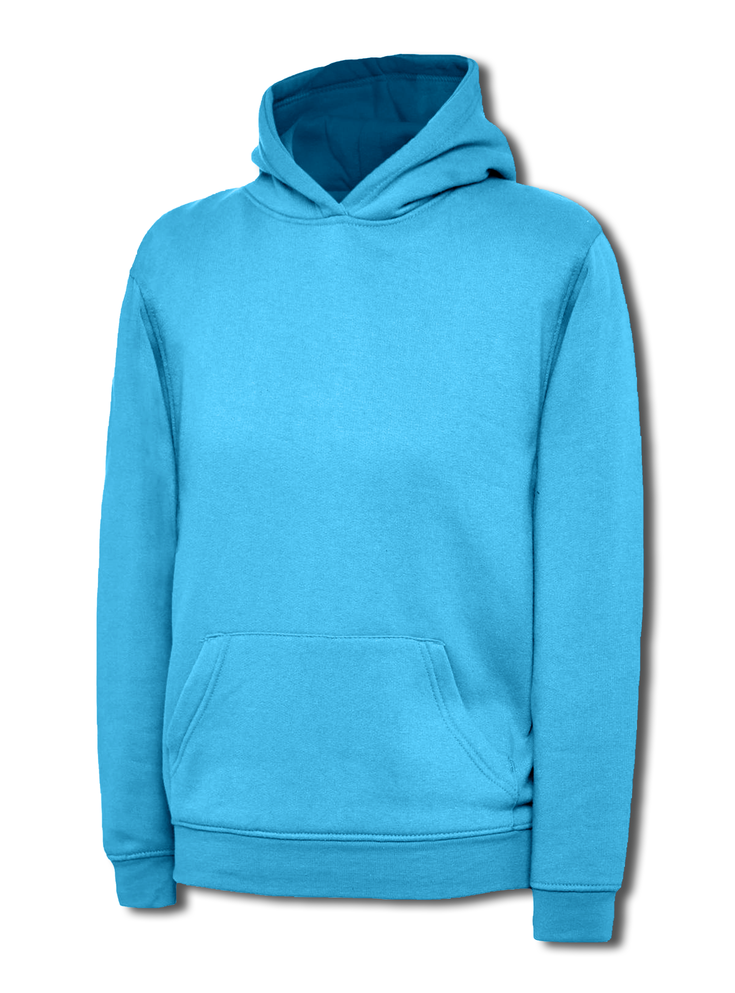 Bright blue pullover hoodie with a hood, front kangaroo pocket, and rib-knit cuffs and hem. Relaxed fit.