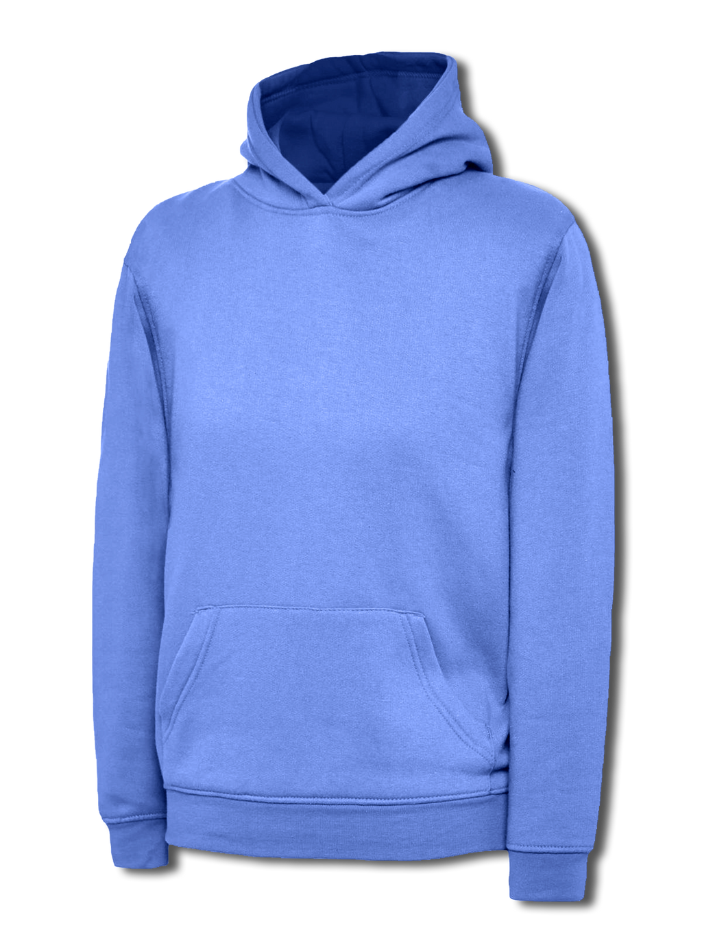 Periwinkle blue long-sleeve pullover hoodie with a front kangaroo pocket, ribbed cuffs, and a regular fit.