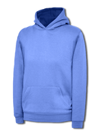 Periwinkle blue long-sleeve pullover hoodie with a front kangaroo pocket, ribbed cuffs, and a regular fit.