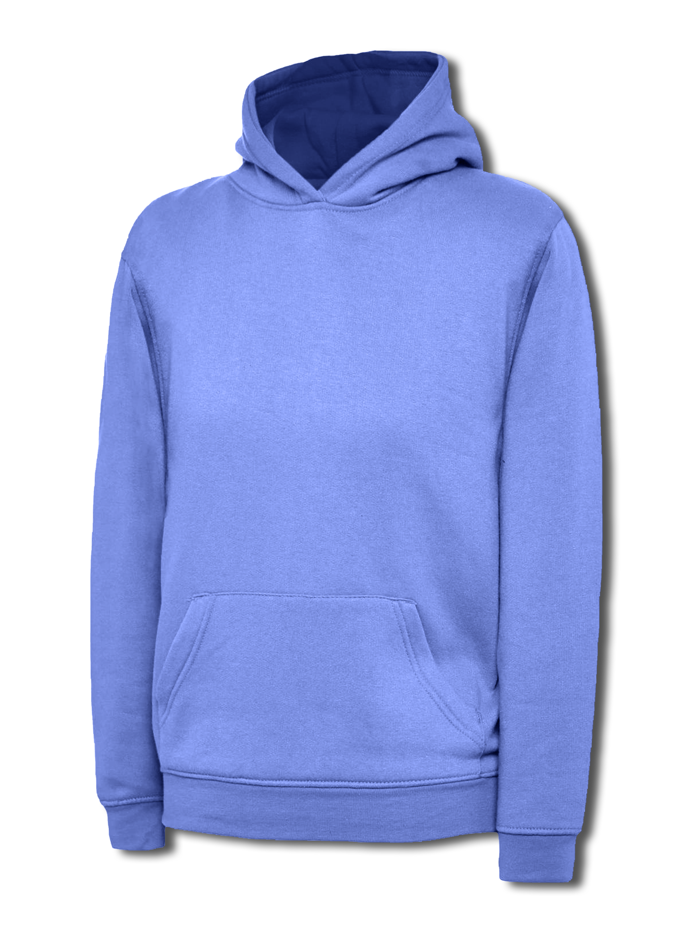 Periwinkle blue long-sleeve pullover hoodie with a front kangaroo pocket, ribbed cuffs, and a regular fit.