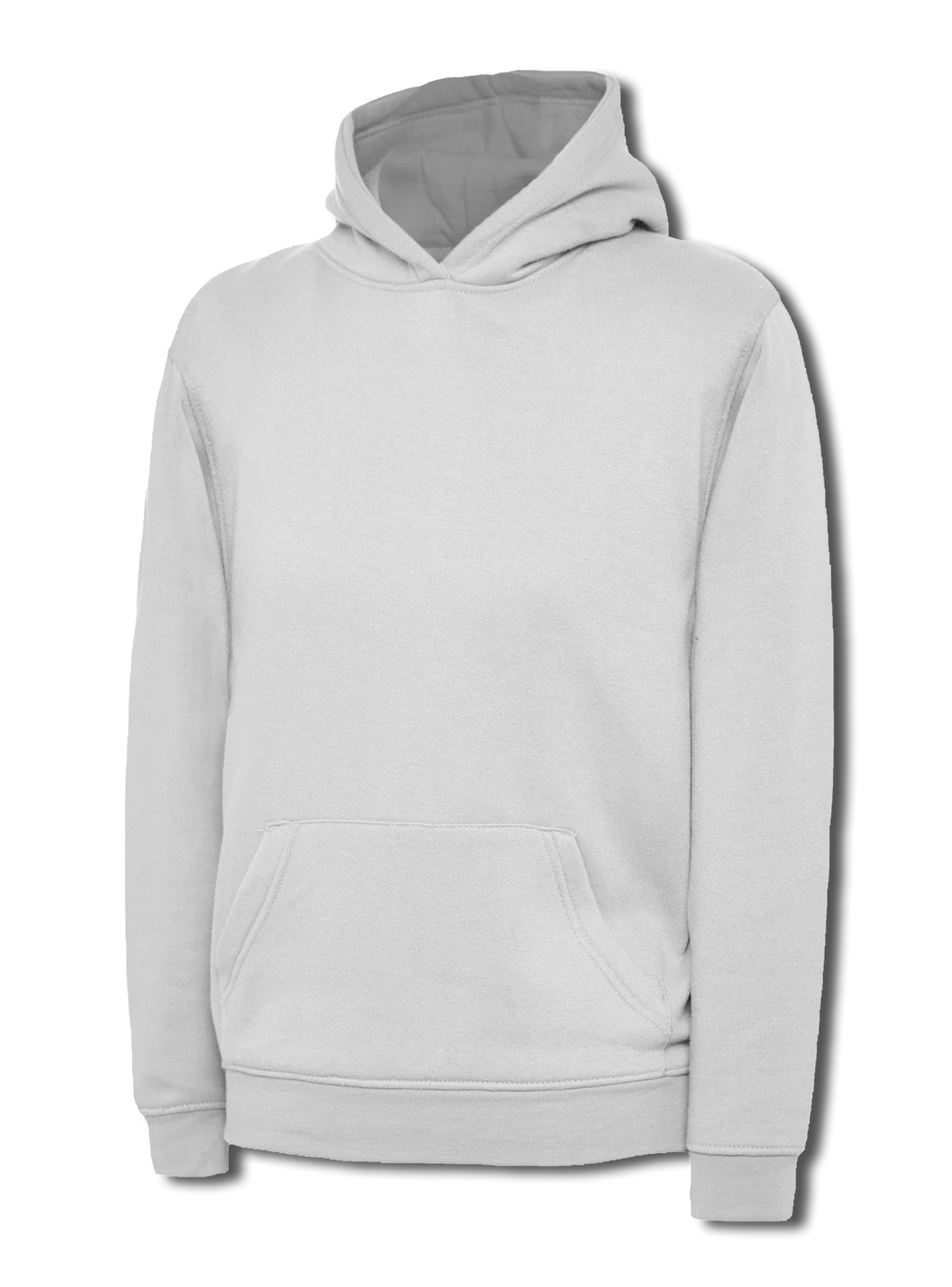 Light gray pullover hoodie with a hood, long sleeves, front kangaroo pocket, and a regular fit.