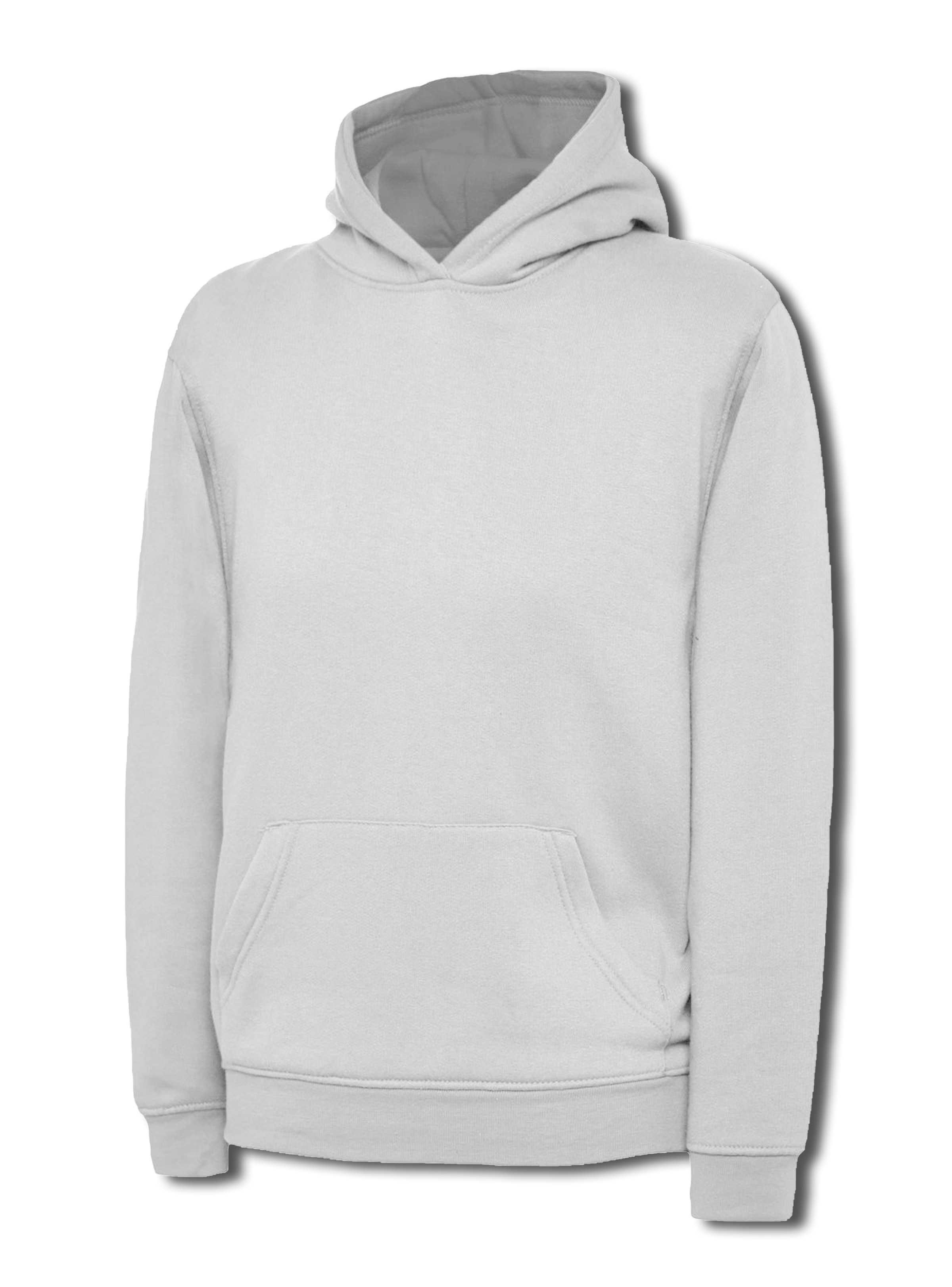 Light gray pullover hoodie with a hood, long sleeves, front kangaroo pocket, and a regular fit.