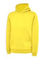 Bright yellow long-sleeve hooded sweatshirt with a front kangaroo pocket and ribbed cuffs in a standard regular fit.