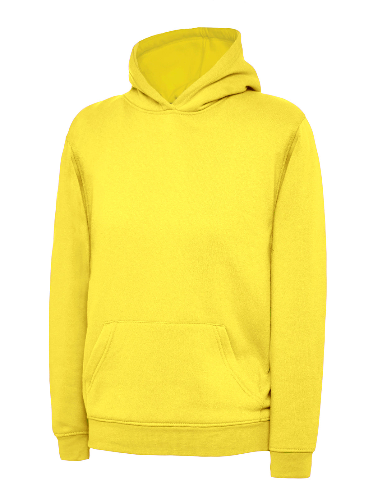 Bright yellow long-sleeve hooded sweatshirt with a front kangaroo pocket and ribbed cuffs in a standard regular fit.