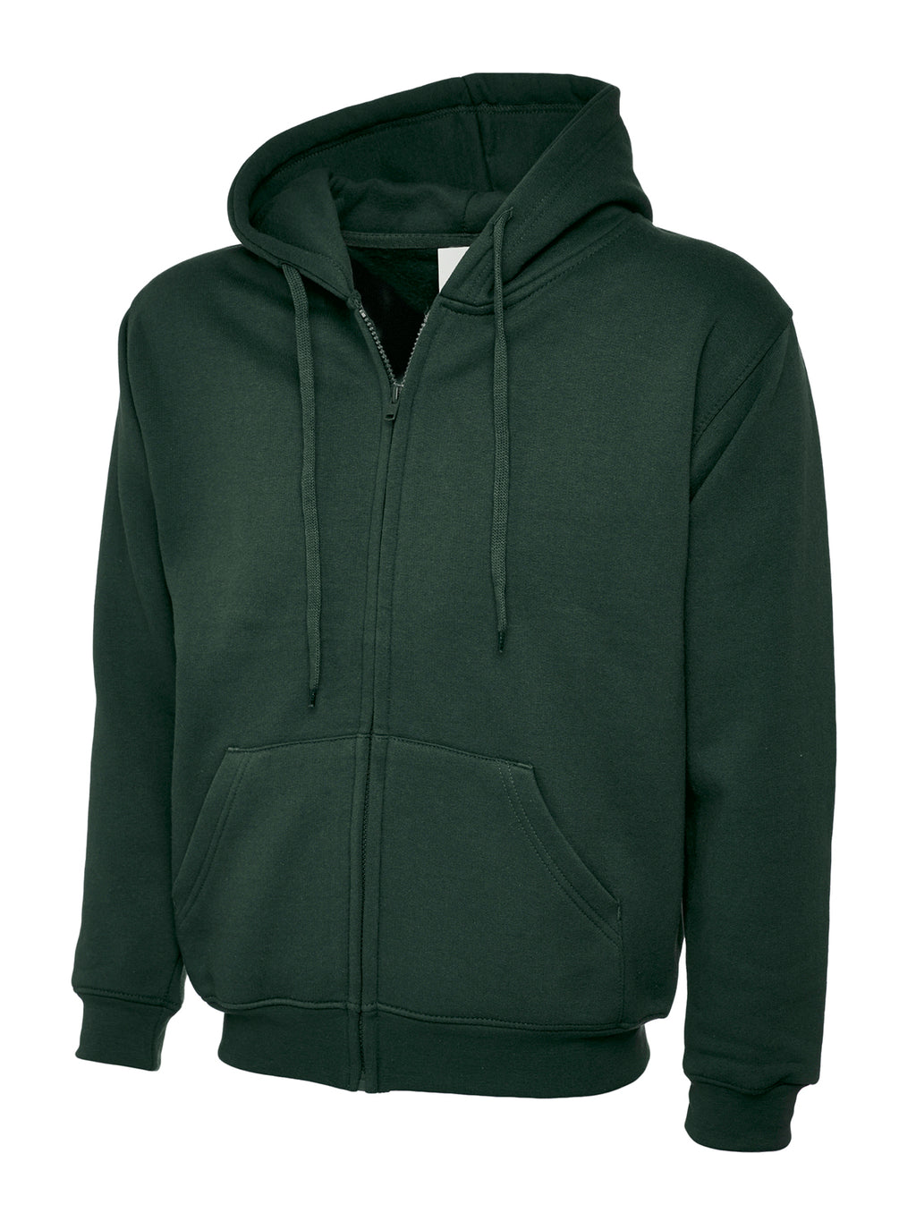 Dark forest green zip-up hoodie with a drawstring hood, front split kangaroo pocket, and ribbed cuffs and hem.