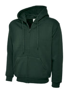 Dark forest green zip-up hoodie with a drawstring hood, front split kangaroo pocket, and ribbed cuffs and hem.