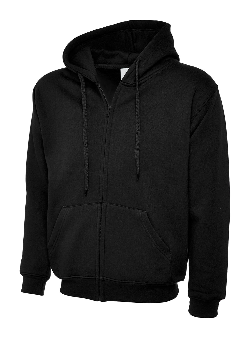 Black full-zip hoodie with hood drawstring, ribbed cuffs and hem, and front pouch pockets in a standard fit.