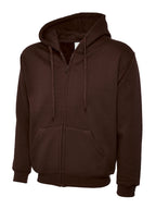 Dark brown, regular-fit zip-up hoodie with drawstring hood, long sleeves, and front pouch pockets.