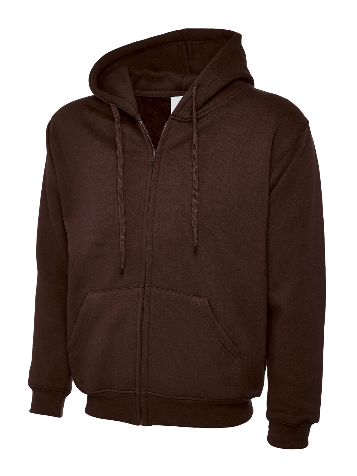 Dark brown, regular-fit zip-up hoodie with drawstring hood, long sleeves, and front pouch pockets.