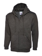 Charcoal grey full-zip hoodie with a drawstring hood, ribbed cuffs and hem, and two front kangaroo pockets.