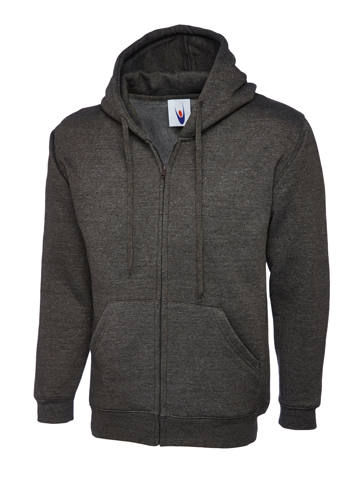 Charcoal grey full-zip hoodie with a drawstring hood, ribbed cuffs and hem, and two front kangaroo pockets.
