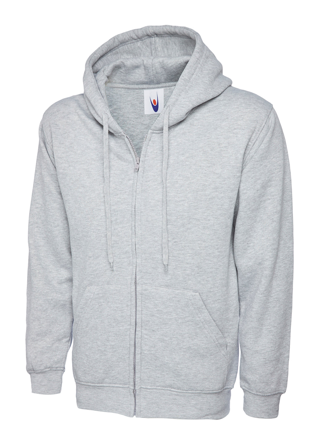 Light grey, long-sleeve, zip-up hoodie with a drawstring hood and two front pockets. Relaxed, classic fit.