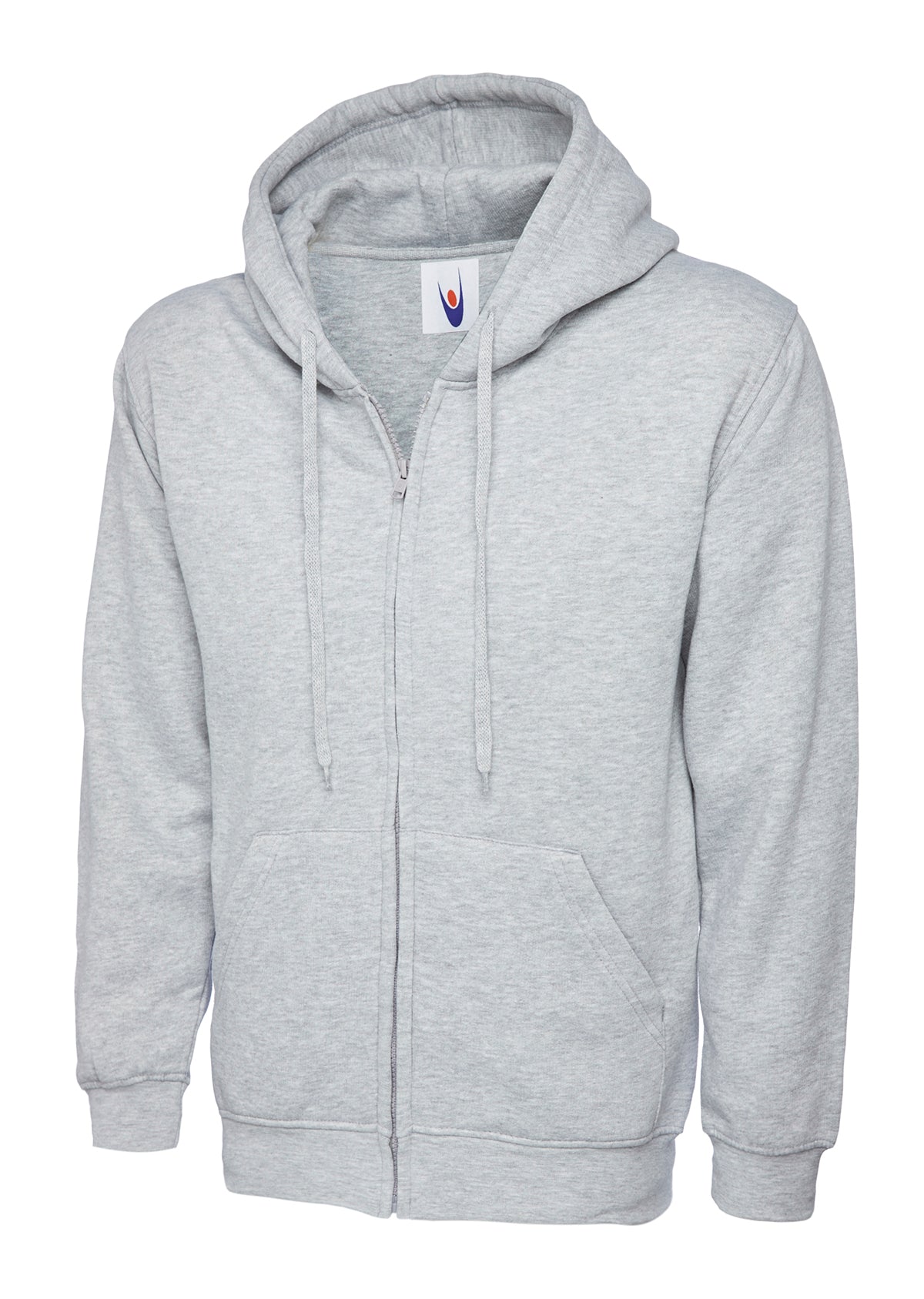 Light grey, long-sleeve, zip-up hoodie with a drawstring hood and two front pockets. Relaxed, classic fit.