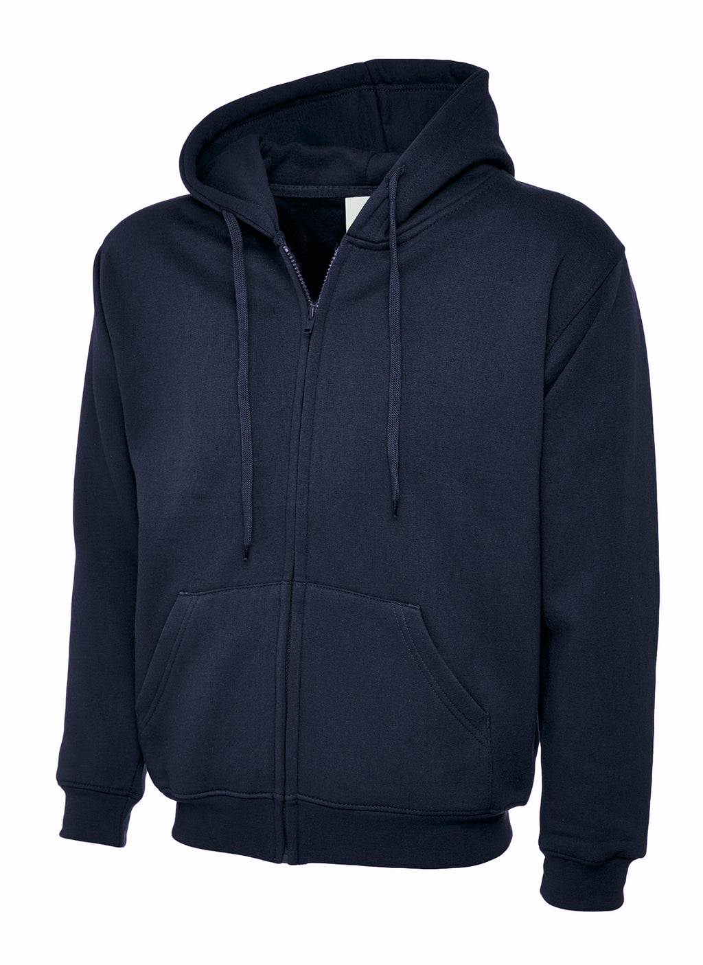Navy blue zip-up fleece hoodie with drawstring hood, front pockets, ribbed cuffs, and hem in a relaxed, classic fit.
