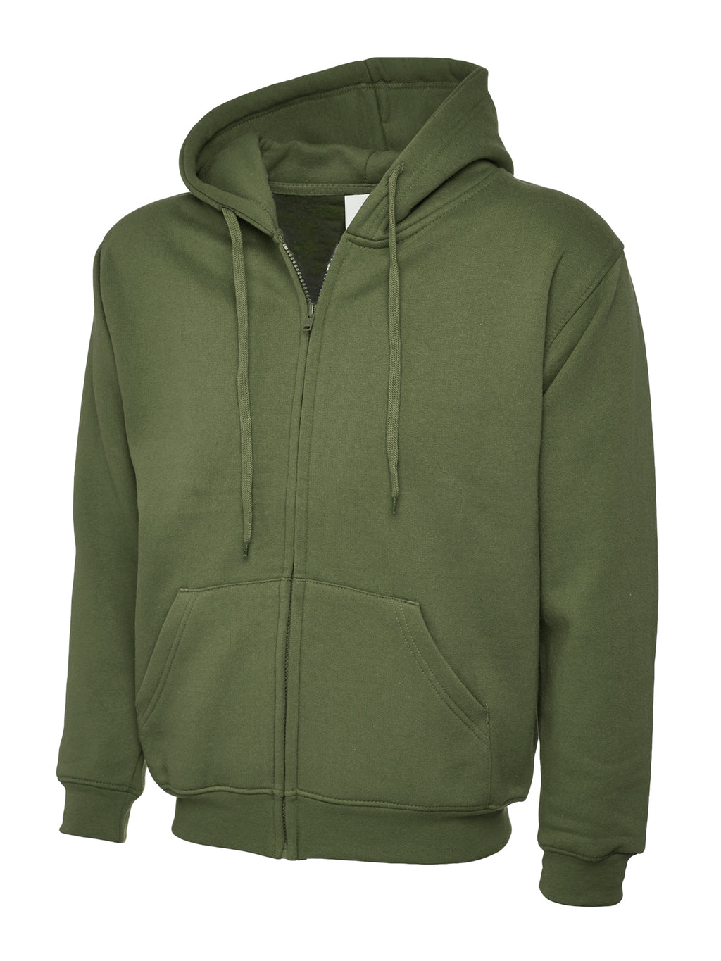 Olive green full-zip hoodie with drawstring hood, front pouch pockets, and ribbed hem and cuffs. Relaxed fit.
