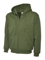 Olive green full-zip hoodie with drawstring hood, front pouch pockets, and ribbed hem and cuffs. Relaxed fit.