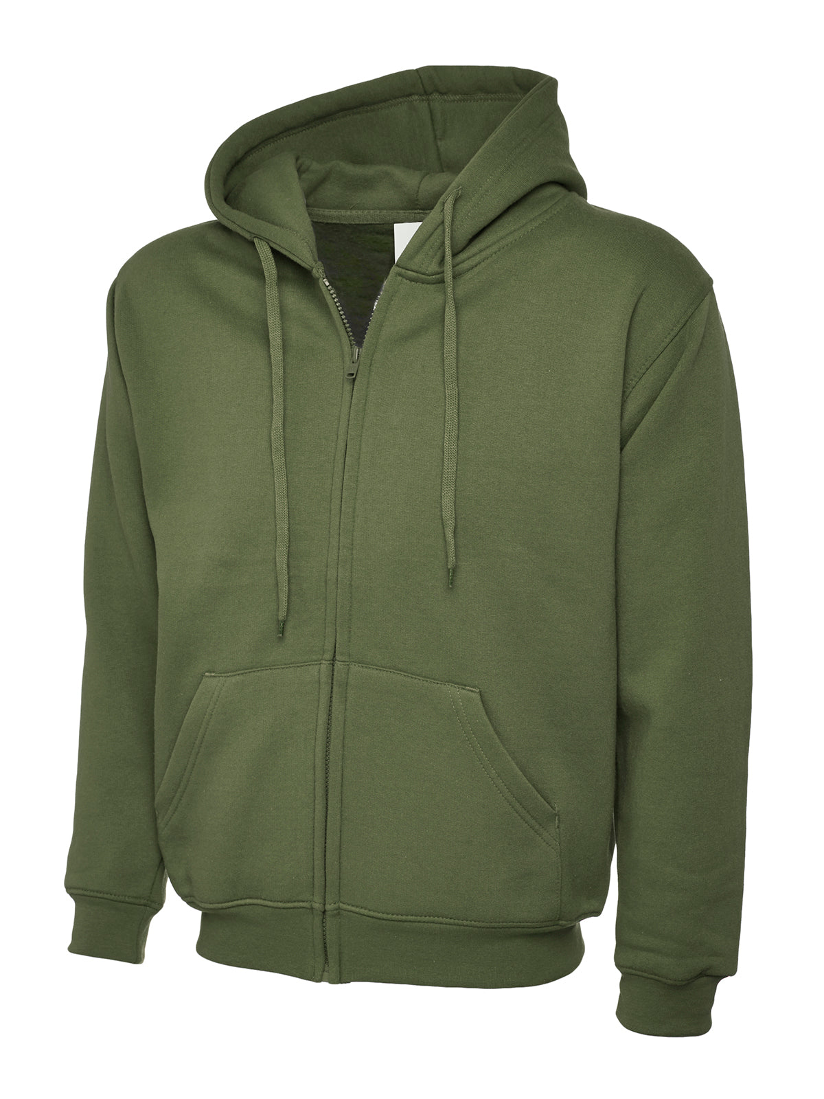 Olive green full-zip hoodie with drawstring hood, front pouch pockets, and ribbed hem and cuffs. Relaxed fit.