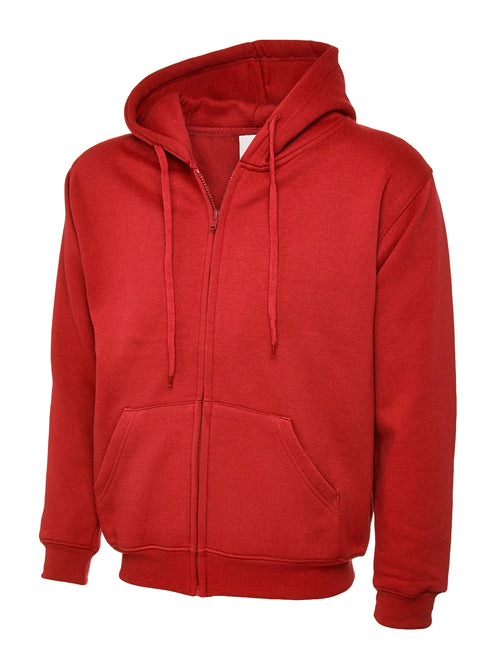 Red full-zip fleece hoodie with a drawstring hood, ribbed cuffs and hem, and front split pockets. Regular fit.