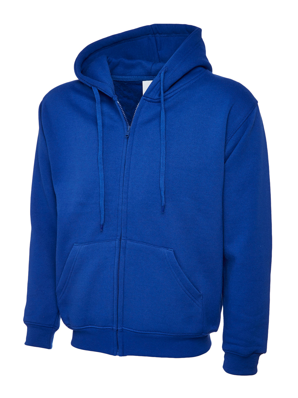 Royal blue full-zip hooded sweatshirt with drawstring, ribbed cuffs, and front pockets in a standard, relaxed fit.