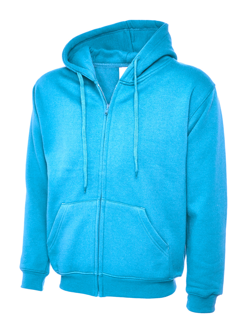 Bright blue zip-up hoodie with a drawstring hood, long sleeves, and a front pouch pocket in a regular fit.