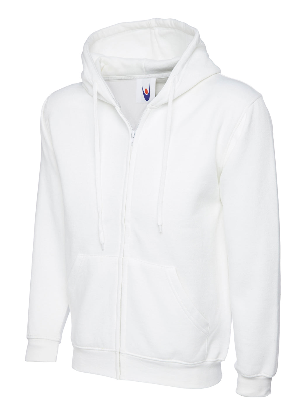 White zip-up hoodie with a drawstring hood, ribbed cuffs, and front kangaroo pockets in a standard fit.