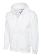 White zip-up hoodie with a drawstring hood, ribbed cuffs, and front kangaroo pockets in a standard fit.