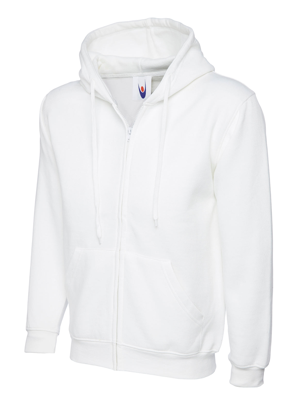 White zip-up hoodie with a drawstring hood, ribbed cuffs, and front kangaroo pockets in a standard fit.