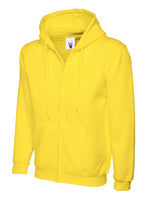 Bright yellow zip-up hoodie with drawstring hood, front pockets, long sleeves, and a standard relaxed fit.