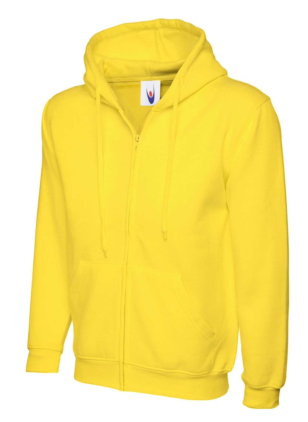 Bright yellow zip-up hoodie with drawstring hood, front pockets, long sleeves, and a standard relaxed fit.